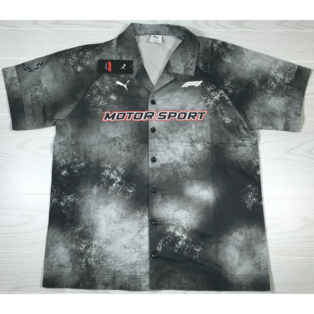 PUMA Formula 1 Motor Sport Shirt Men M Gray Short Sleeve Button Up Cotton New